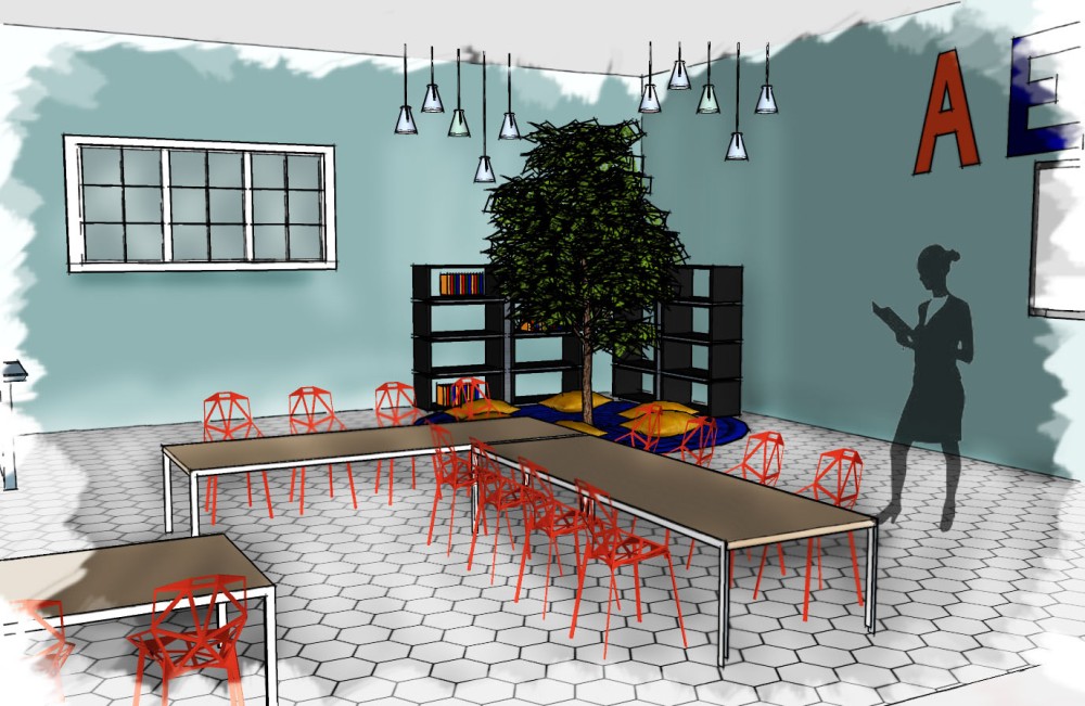 1st grade class room perspective rendered image